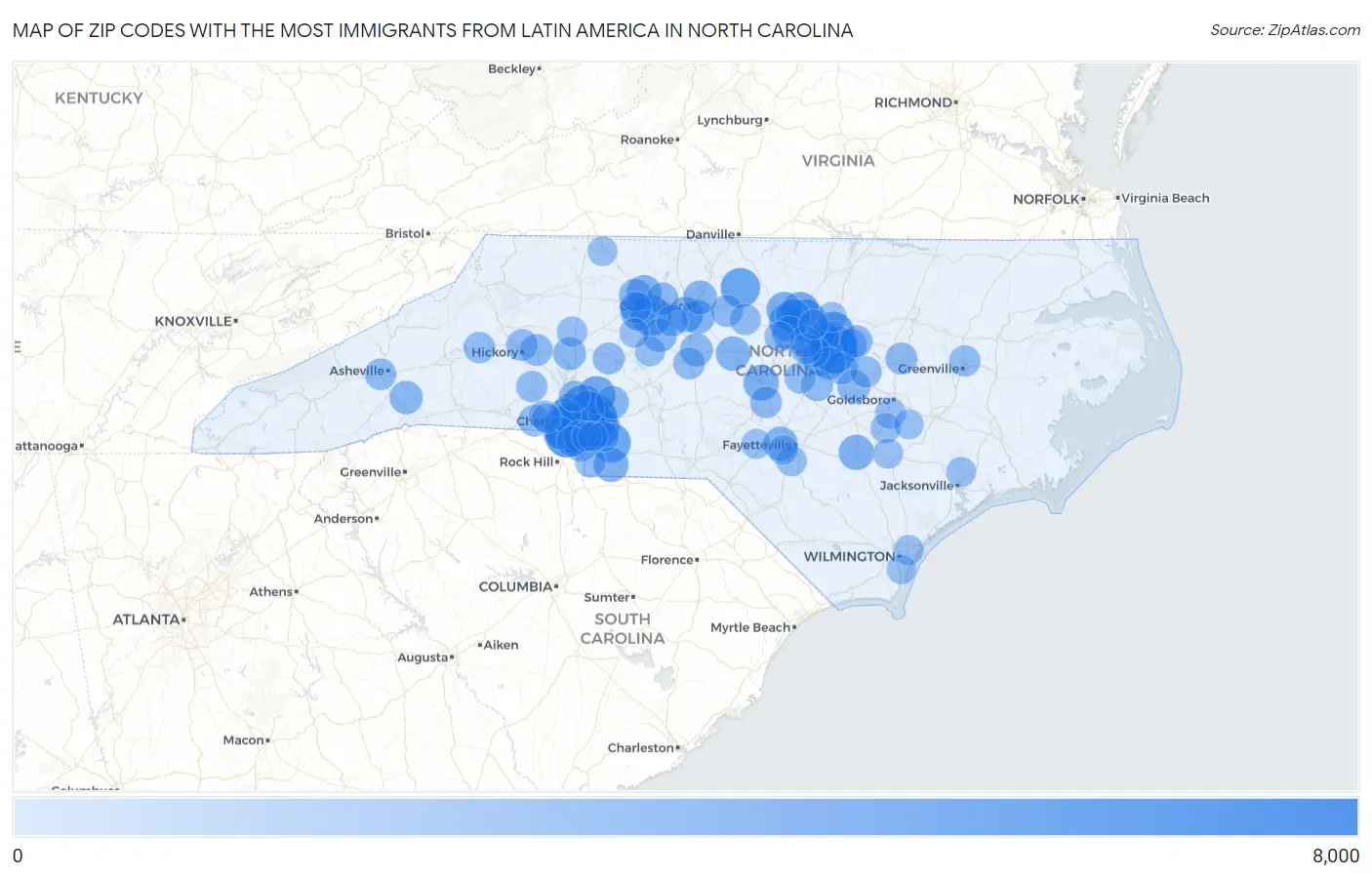 Zip Codes with the Most Immigrants from Latin America in North Carolina Map