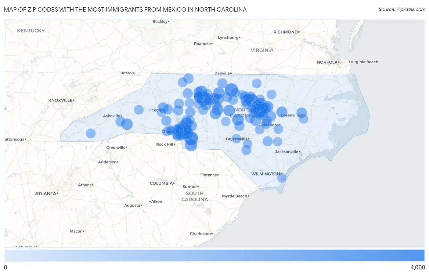 Zip Codes with the Most Immigrants from Mexico in North Carolina Map