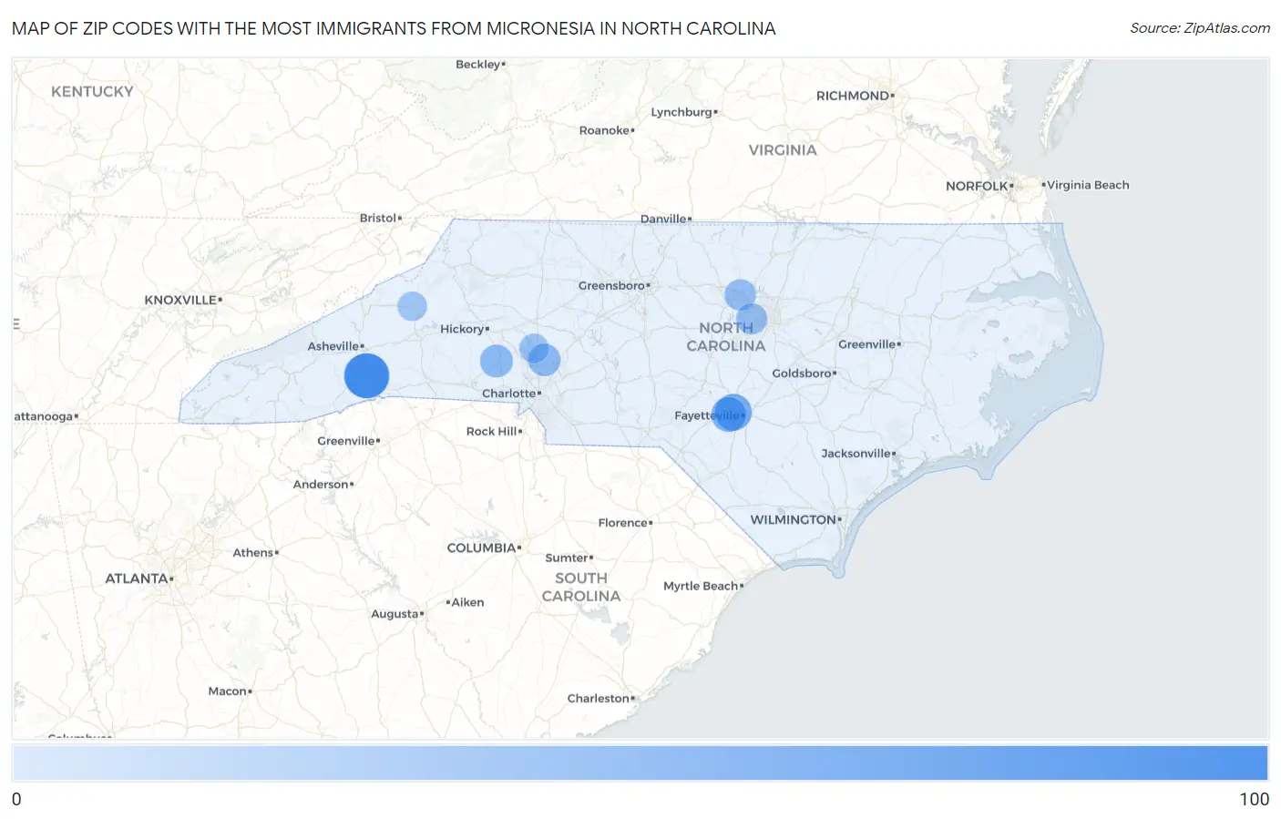 Zip Codes with the Most Immigrants from Micronesia in North Carolina Map