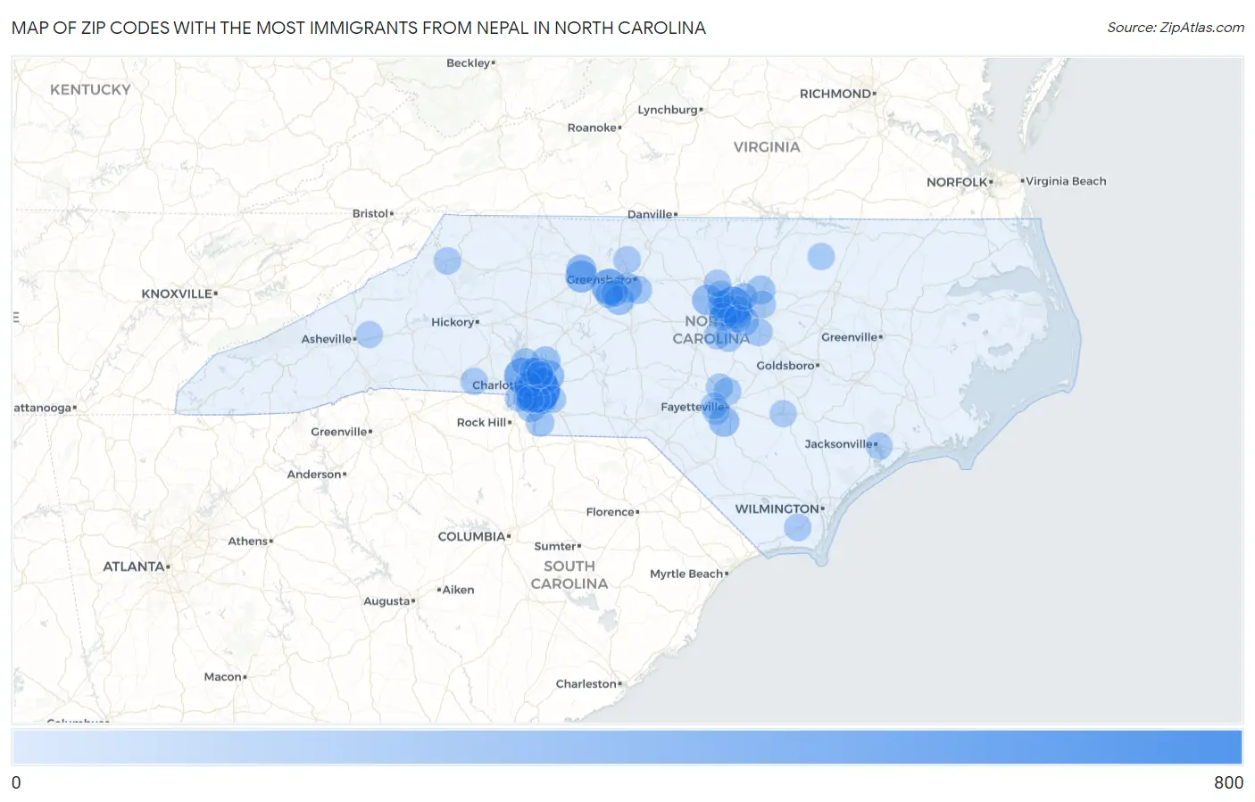 Zip Codes with the Most Immigrants from Nepal in North Carolina Map