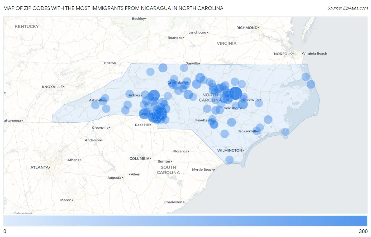 Zip Codes with the Most Immigrants from Nicaragua in North Carolina Map