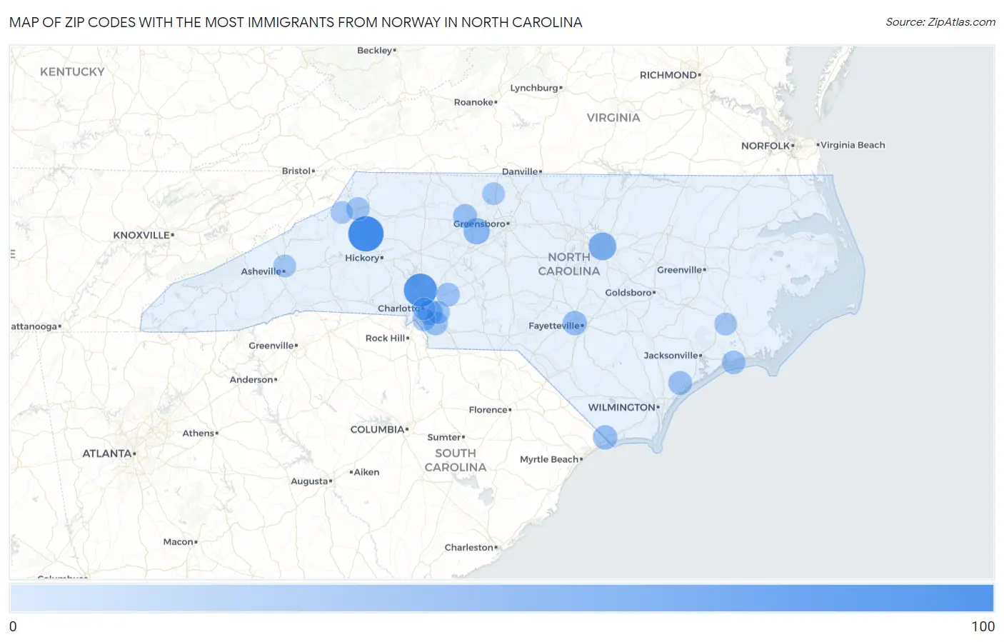 Zip Codes with the Most Immigrants from Norway in North Carolina Map