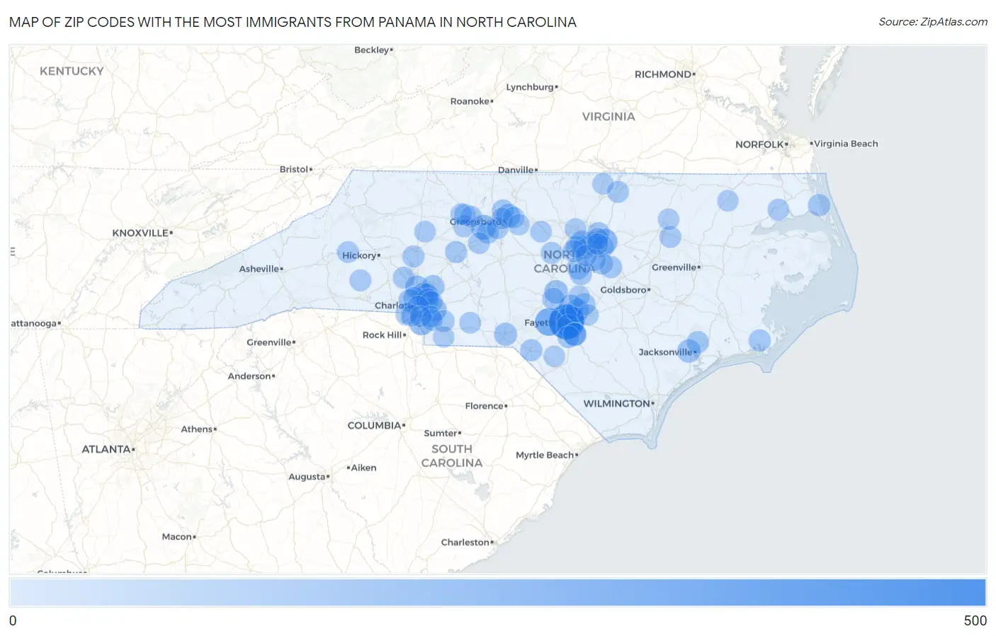 Zip Codes with the Most Immigrants from Panama in North Carolina Map