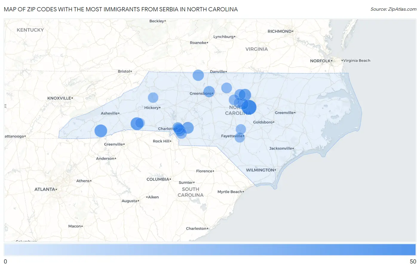 Zip Codes with the Most Immigrants from Serbia in North Carolina Map