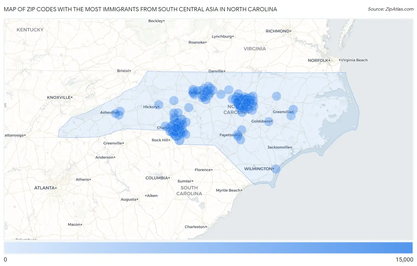 Zip Codes with the Most Immigrants from South Central Asia in North Carolina Map