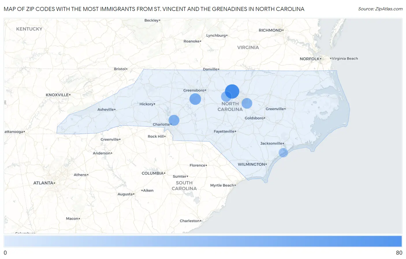 Zip Codes with the Most Immigrants from St. Vincent and the Grenadines in North Carolina Map
