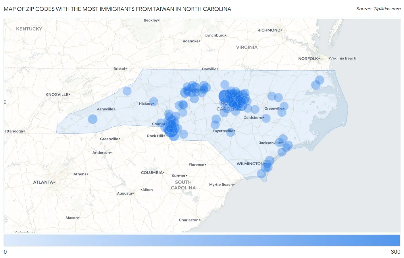 Zip Codes with the Most Immigrants from Taiwan in North Carolina Map