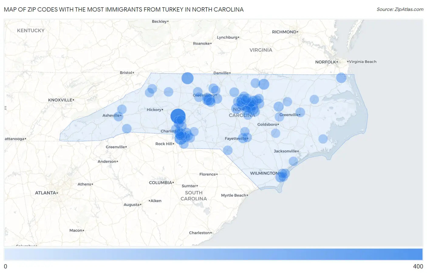 Zip Codes with the Most Immigrants from Turkey in North Carolina Map