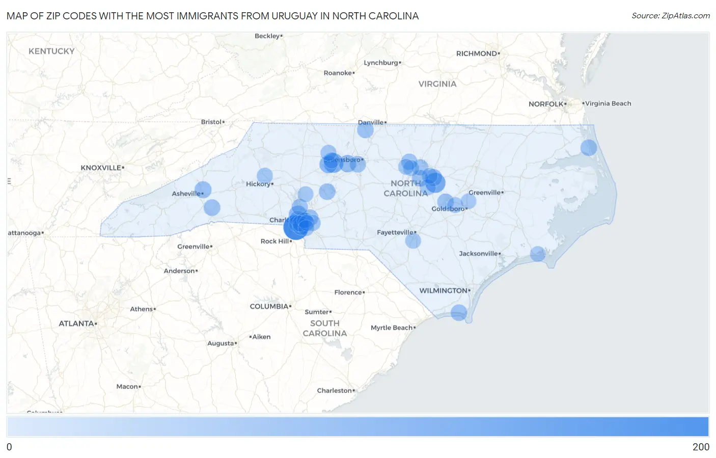 Zip Codes with the Most Immigrants from Uruguay in North Carolina Map