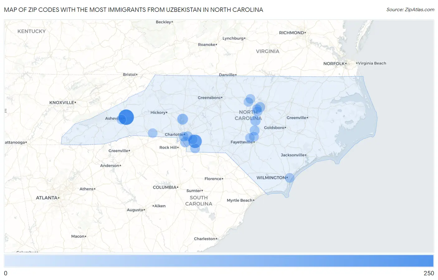 Zip Codes with the Most Immigrants from Uzbekistan in North Carolina Map