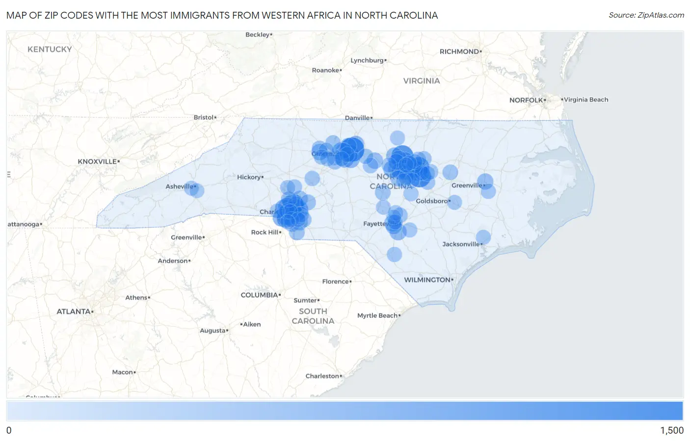 Zip Codes with the Most Immigrants from Western Africa in North Carolina Map