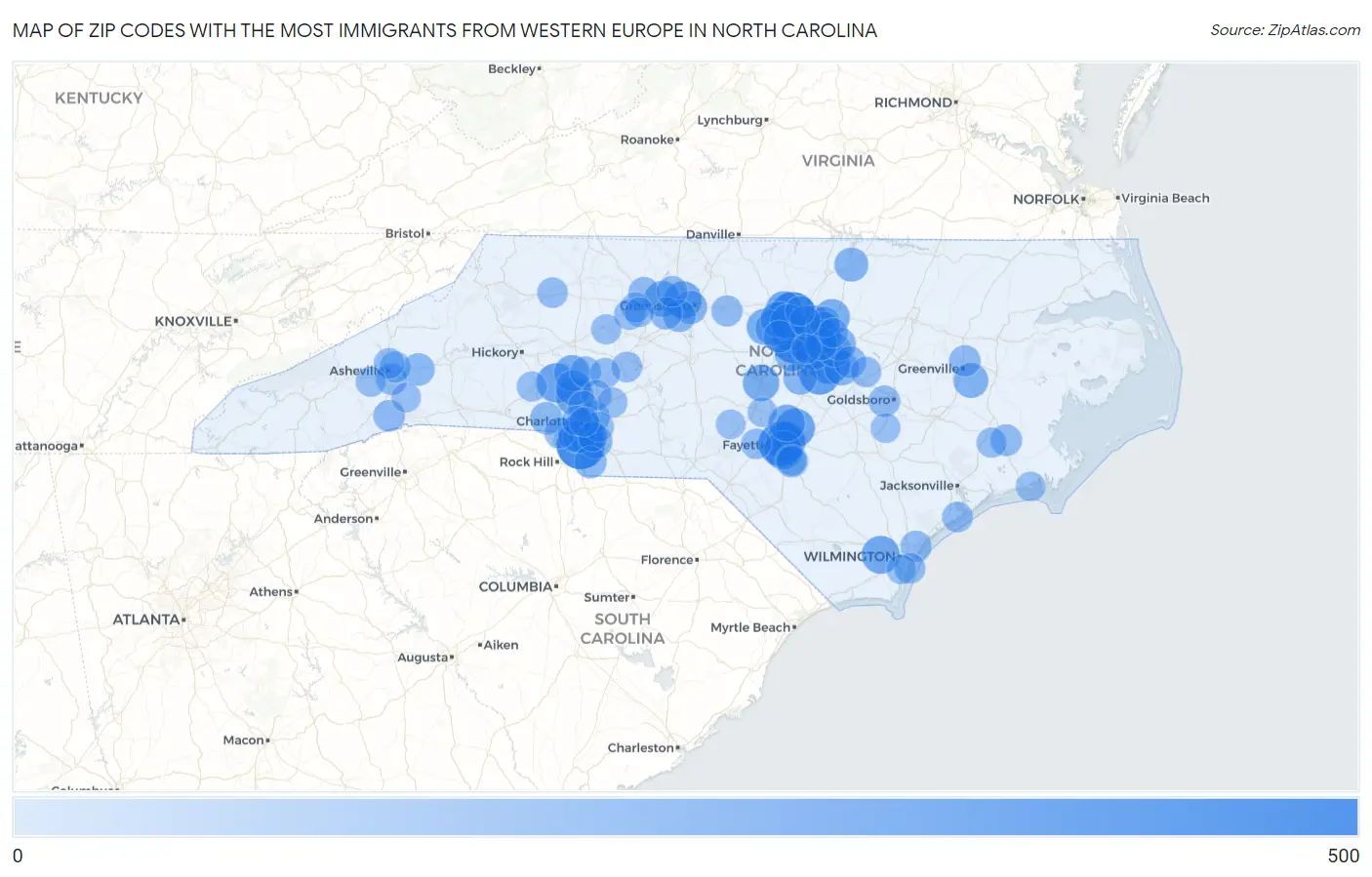 Zip Codes with the Most Immigrants from Western Europe in North Carolina Map