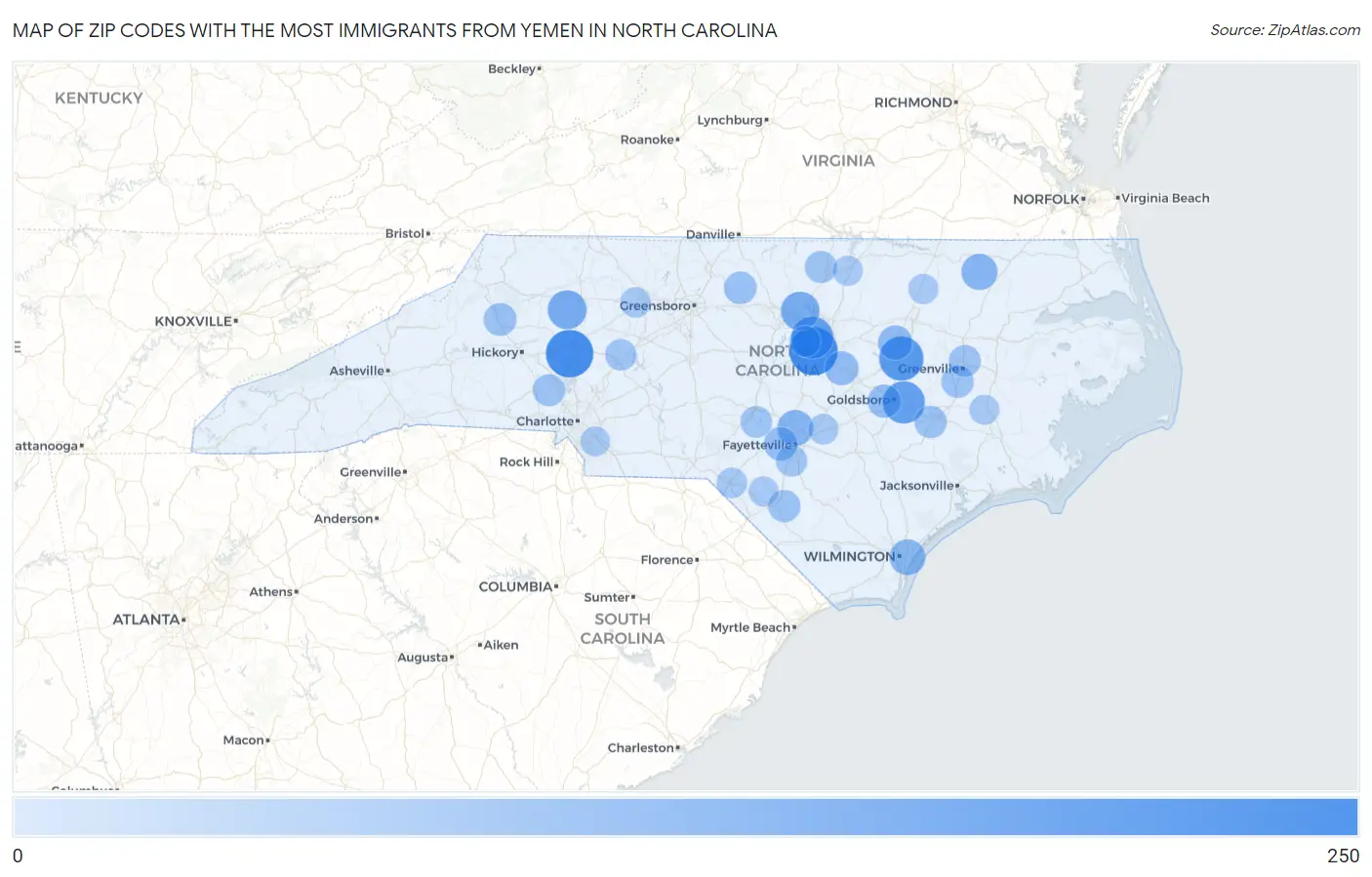 Zip Codes with the Most Immigrants from Yemen in North Carolina Map