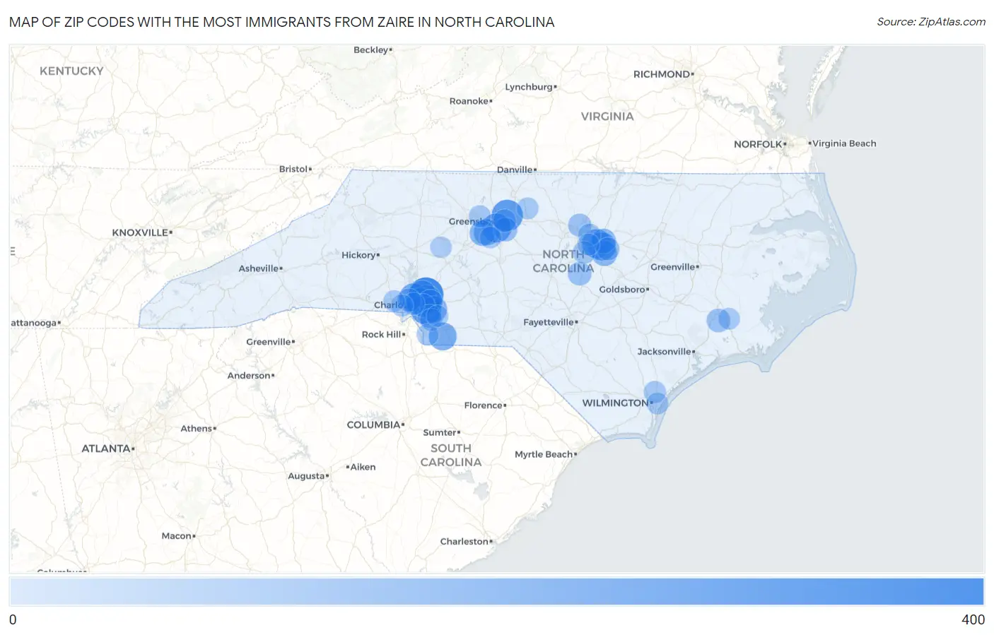 Zip Codes with the Most Immigrants from Zaire in North Carolina Map