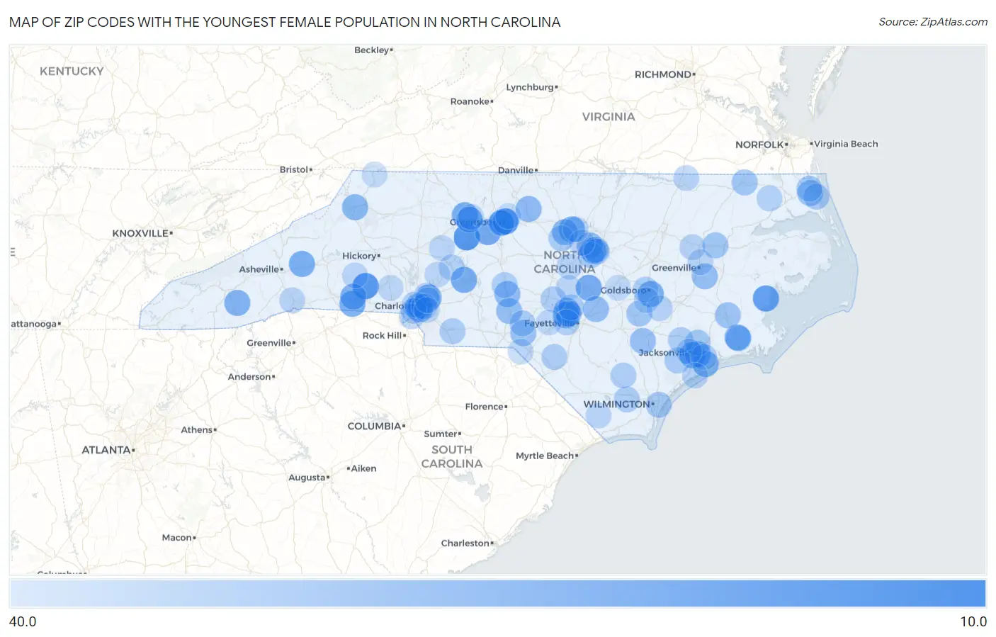 Zip Codes with the Youngest Female Population in North Carolina Map