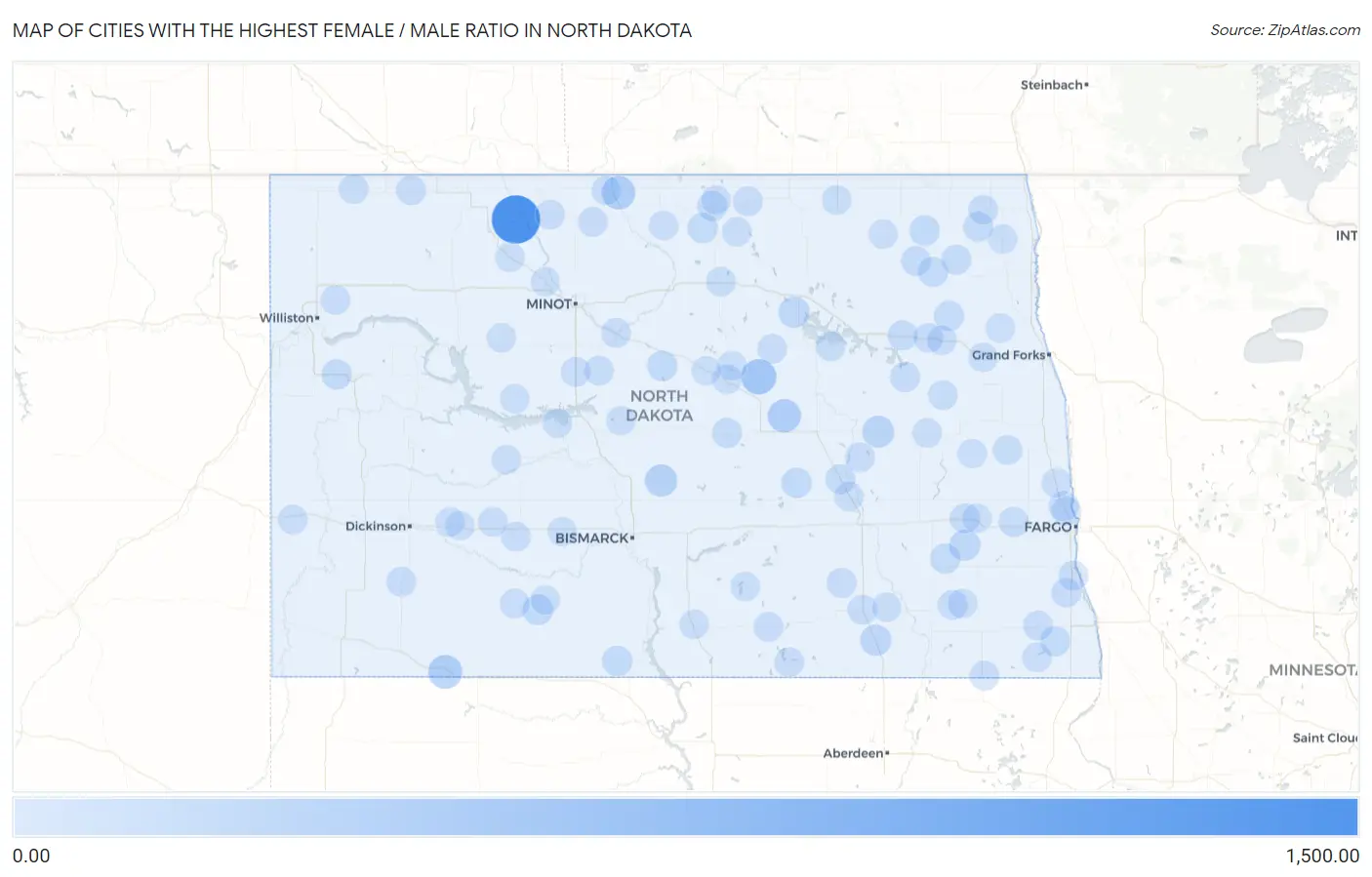 Cities with the Highest Female / Male Ratio in North Dakota Map