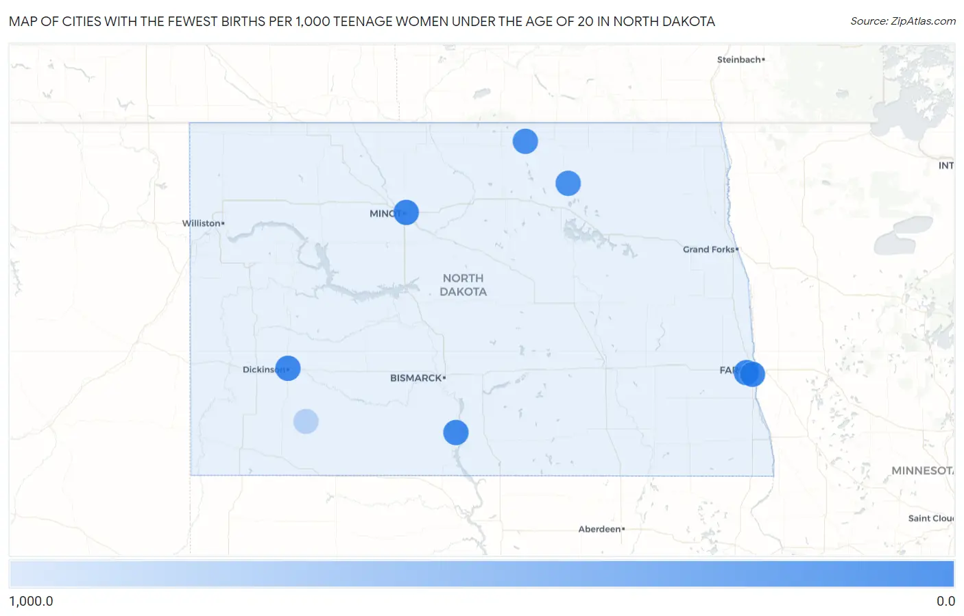 Cities with the Fewest Births per 1,000 Teenage Women Under the Age of 20 in North Dakota Map