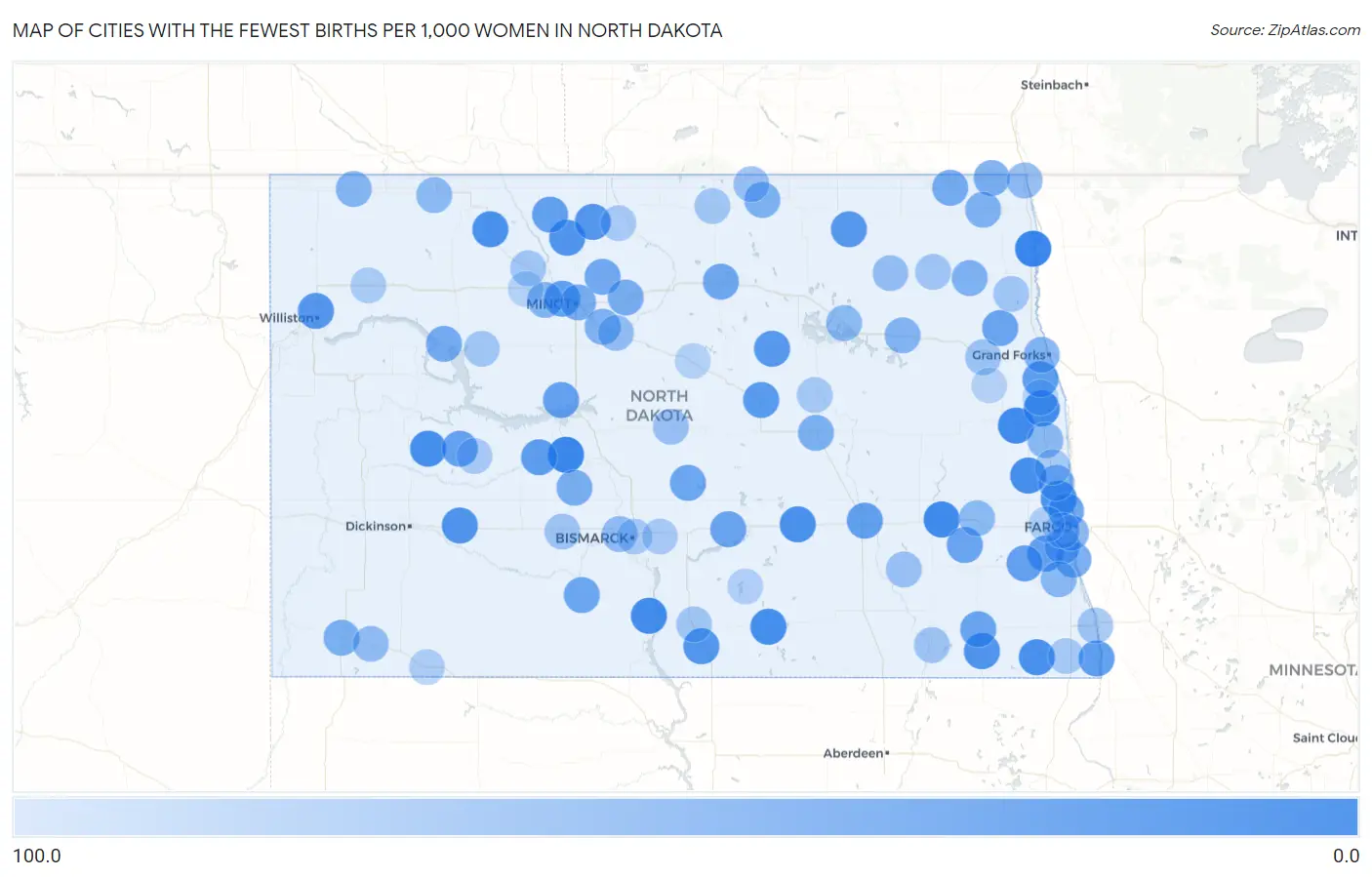Cities with the Fewest Births per 1,000 Women in North Dakota Map