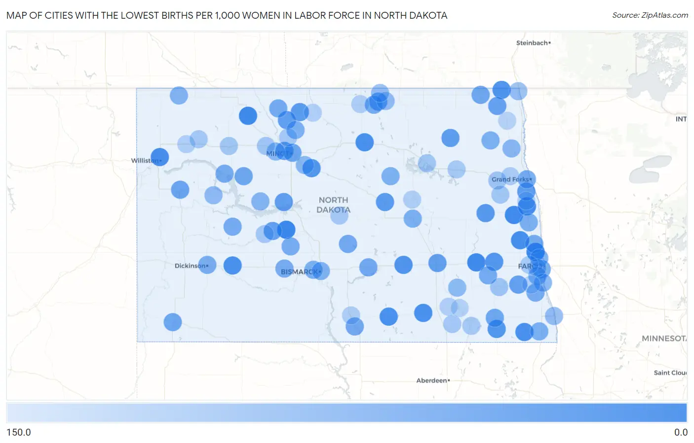 Cities with the Lowest Births per 1,000 Women in Labor Force in North Dakota Map
