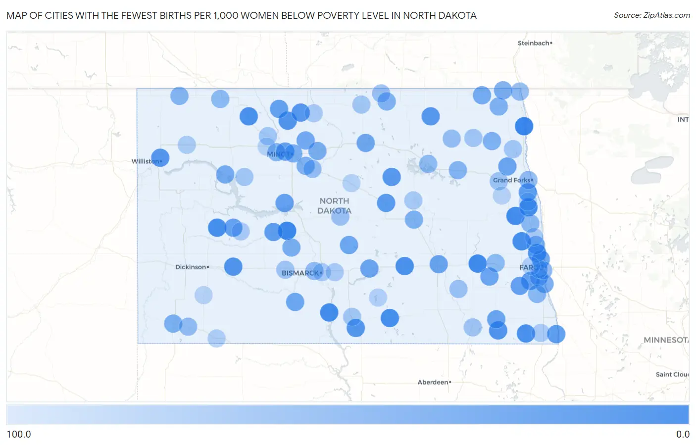 Cities with the Fewest Births per 1,000 Women Below Poverty Level in North Dakota Map