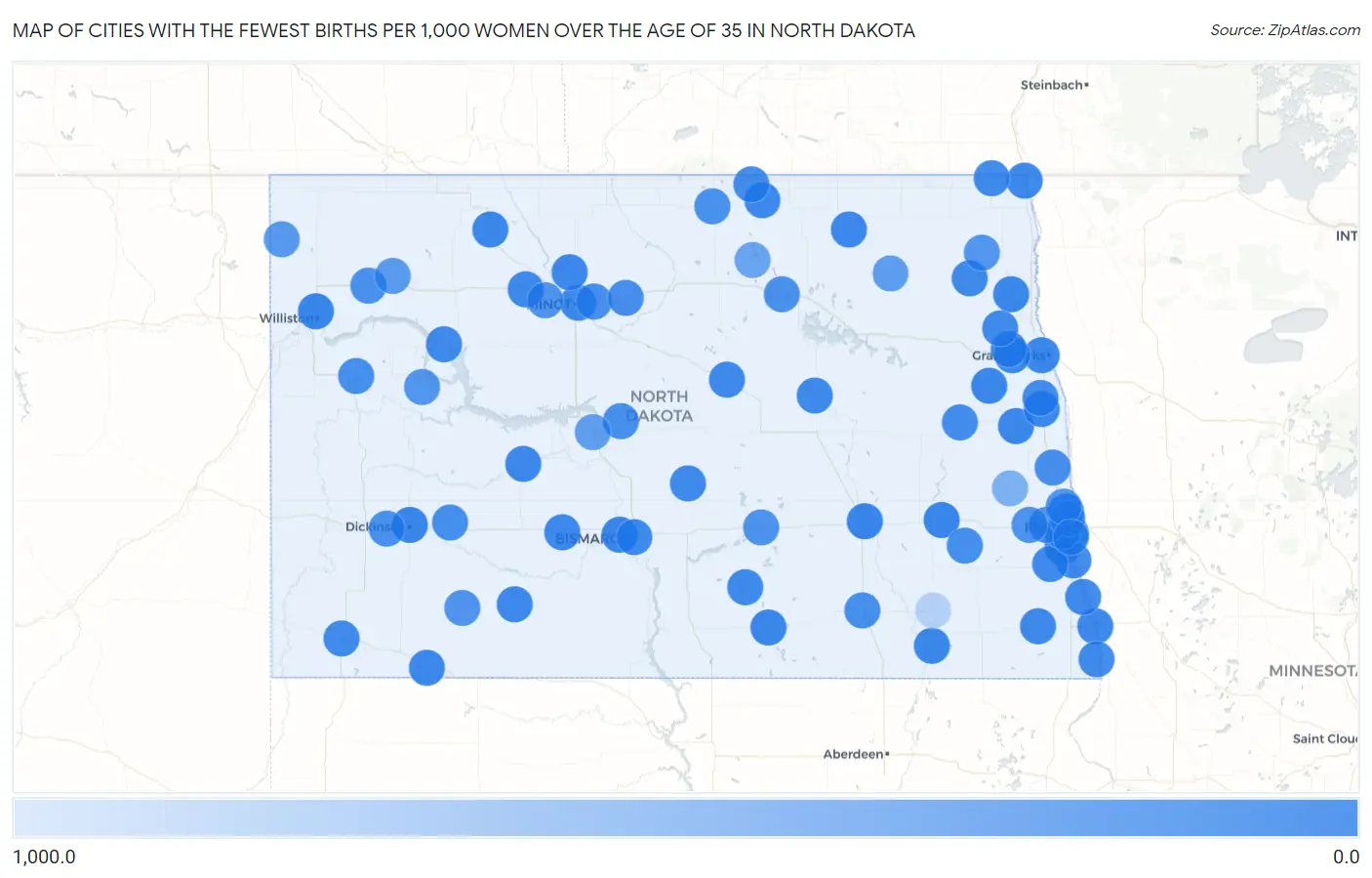 Cities with the Fewest Births per 1,000 Women Over the Age of 35 in North Dakota Map