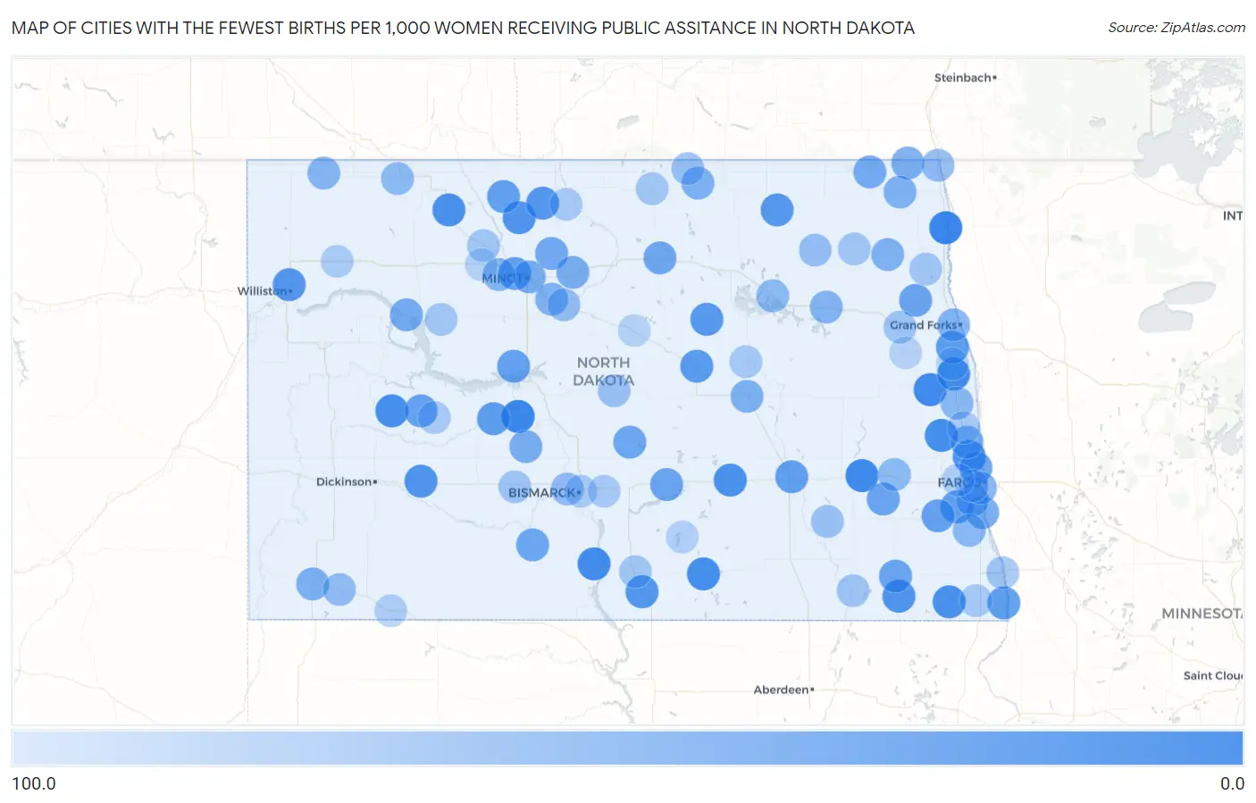 Cities with the Fewest Births per 1,000 Women Receiving Public Assitance in North Dakota Map