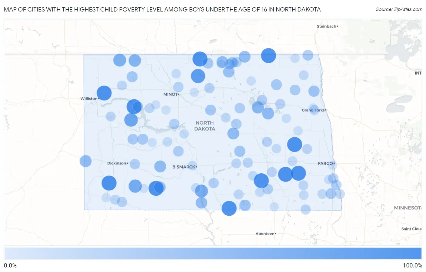 Cities with the Highest Child Poverty Level Among Boys Under the Age of 16 in North Dakota Map