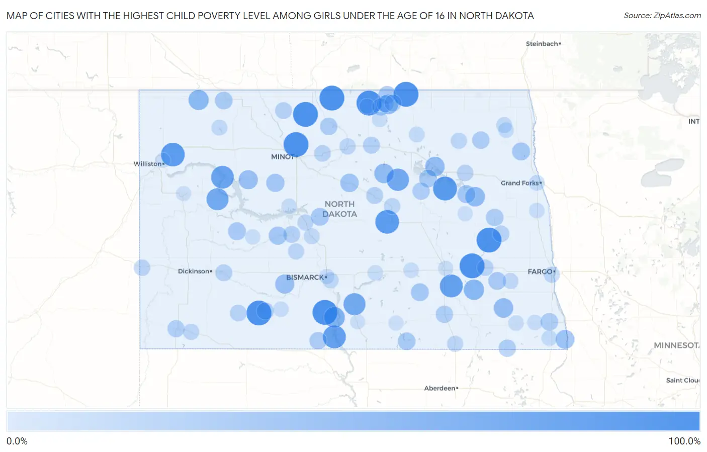 Cities with the Highest Child Poverty Level Among Girls Under the Age of 16 in North Dakota Map