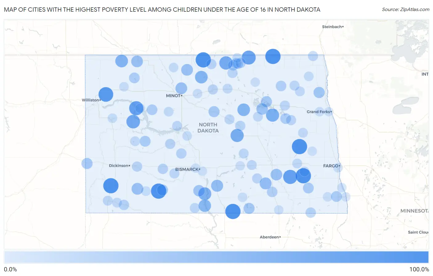 Cities with the Highest Poverty Level Among Children Under the Age of 16 in North Dakota Map
