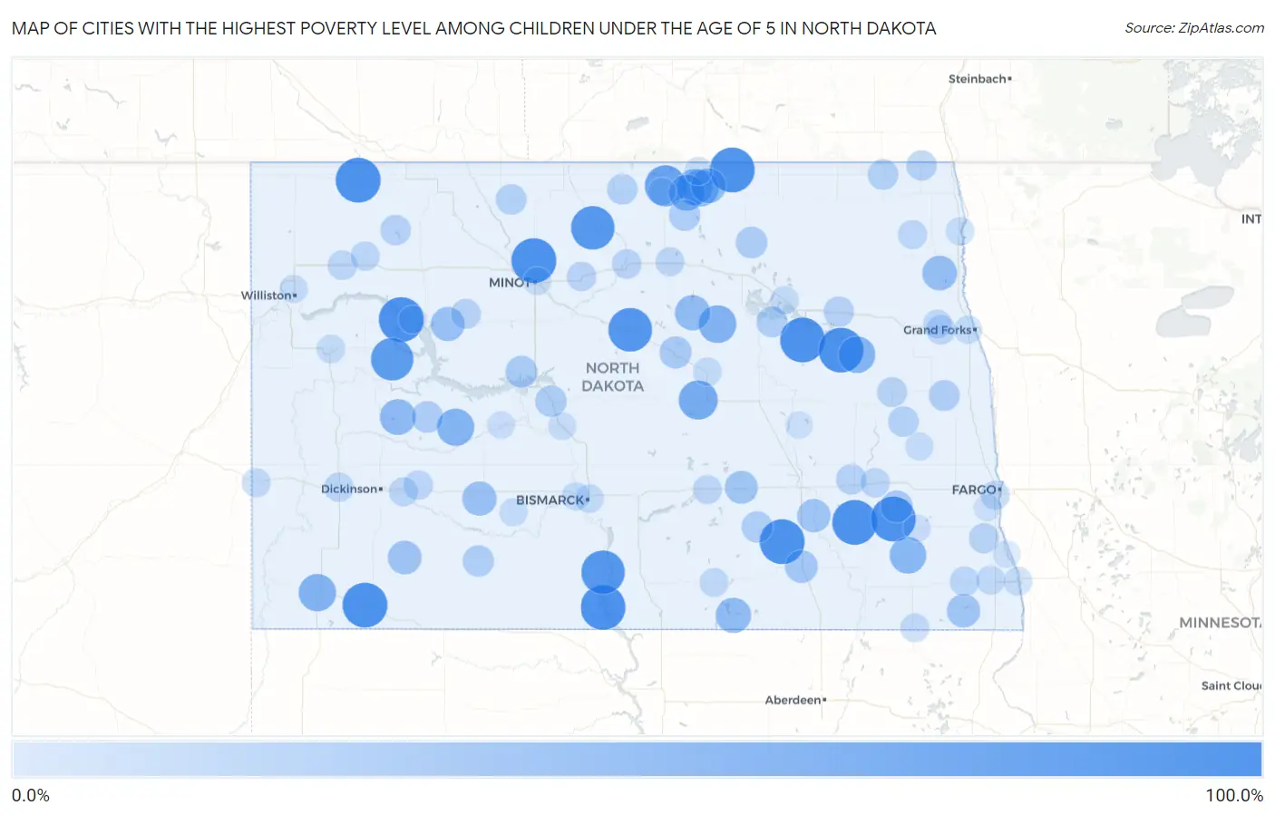 Cities with the Highest Poverty Level Among Children Under the Age of 5 in North Dakota Map