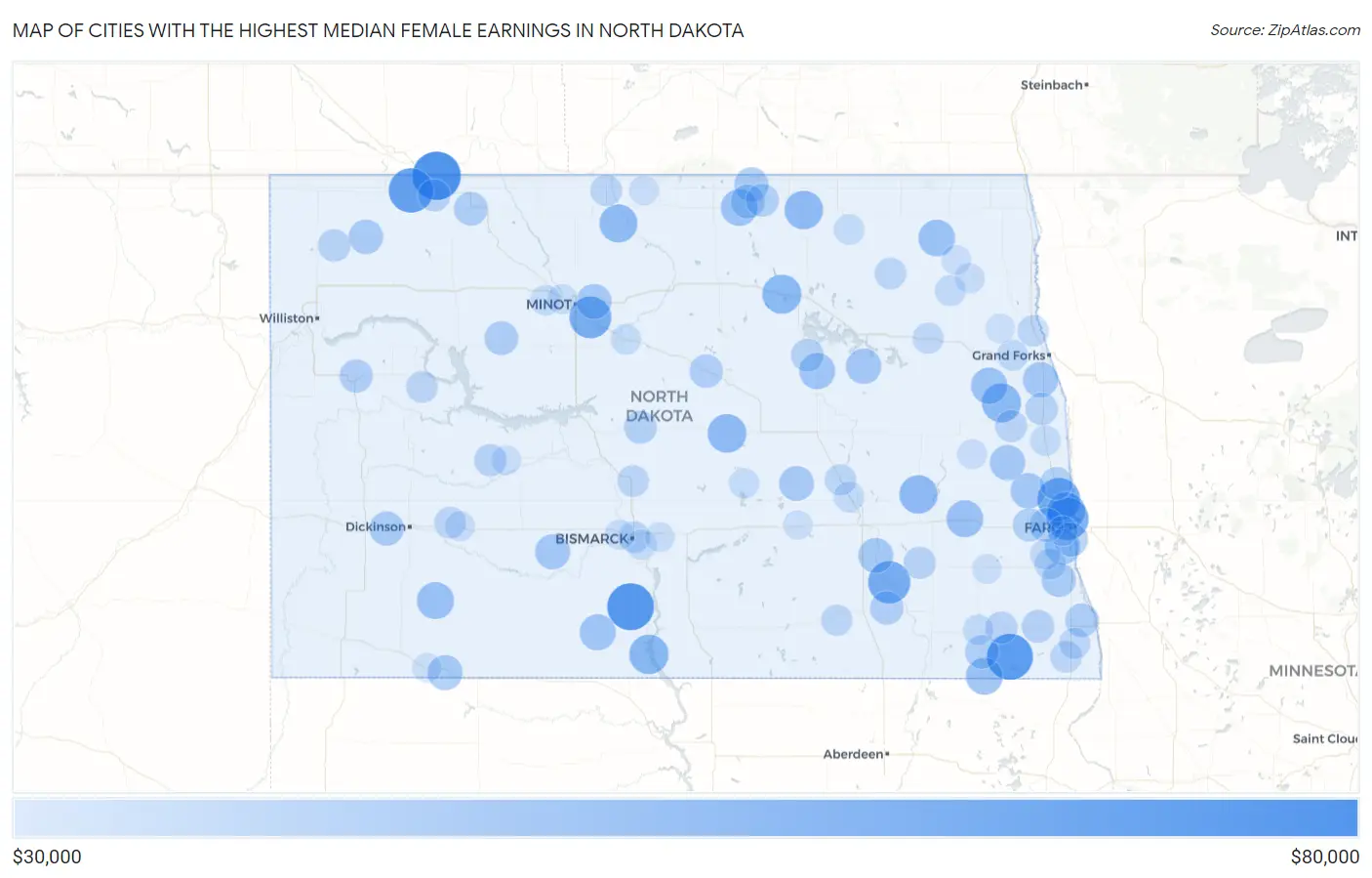 Cities with the Highest Median Female Earnings in North Dakota Map