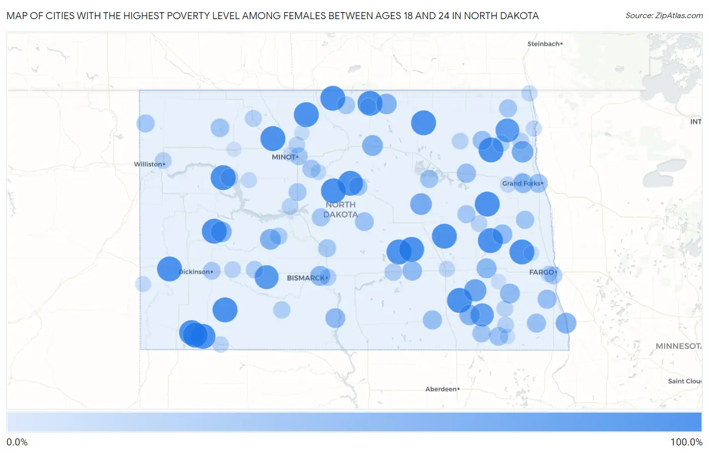 Cities with the Highest Poverty Level Among Females Between Ages 18 and 24 in North Dakota Map