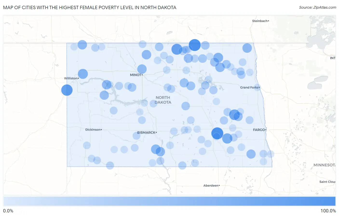 Cities with the Highest Female Poverty Level in North Dakota Map