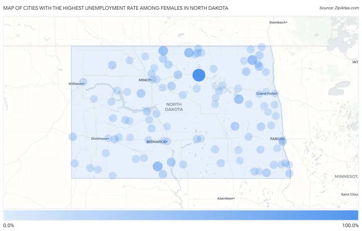 Cities with the Highest Unemployment Rate Among Females in North Dakota Map