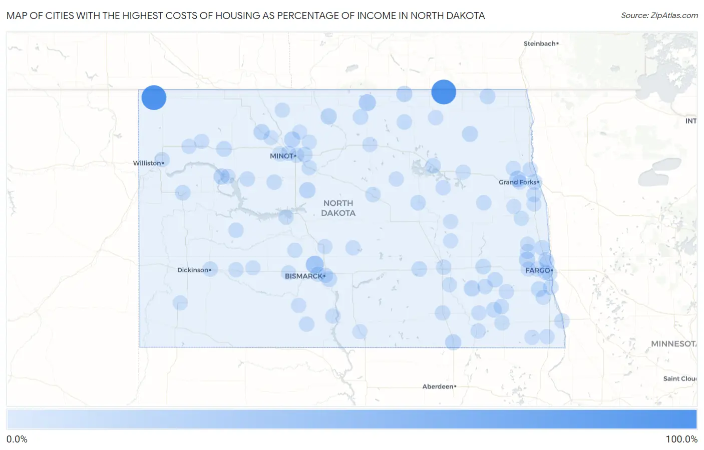 Cities with the Highest Costs of Housing as Percentage of Income in North Dakota Map