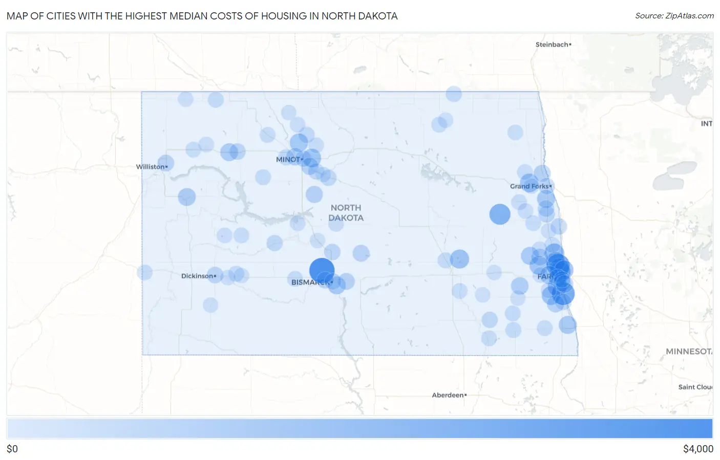 Cities with the Highest Median Costs of Housing in North Dakota Map