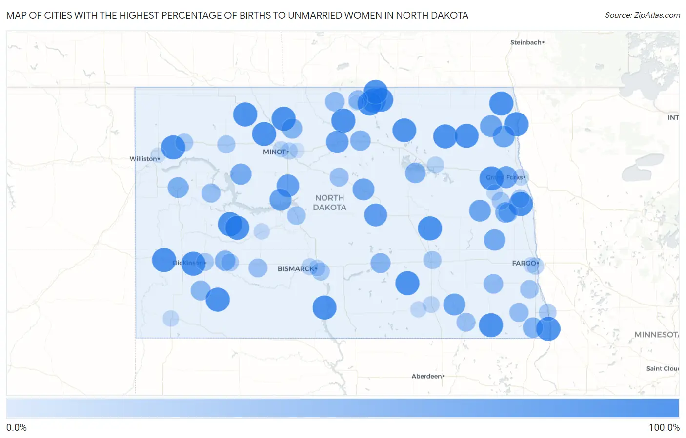Cities with the Highest Percentage of Births to Unmarried Women in North Dakota Map