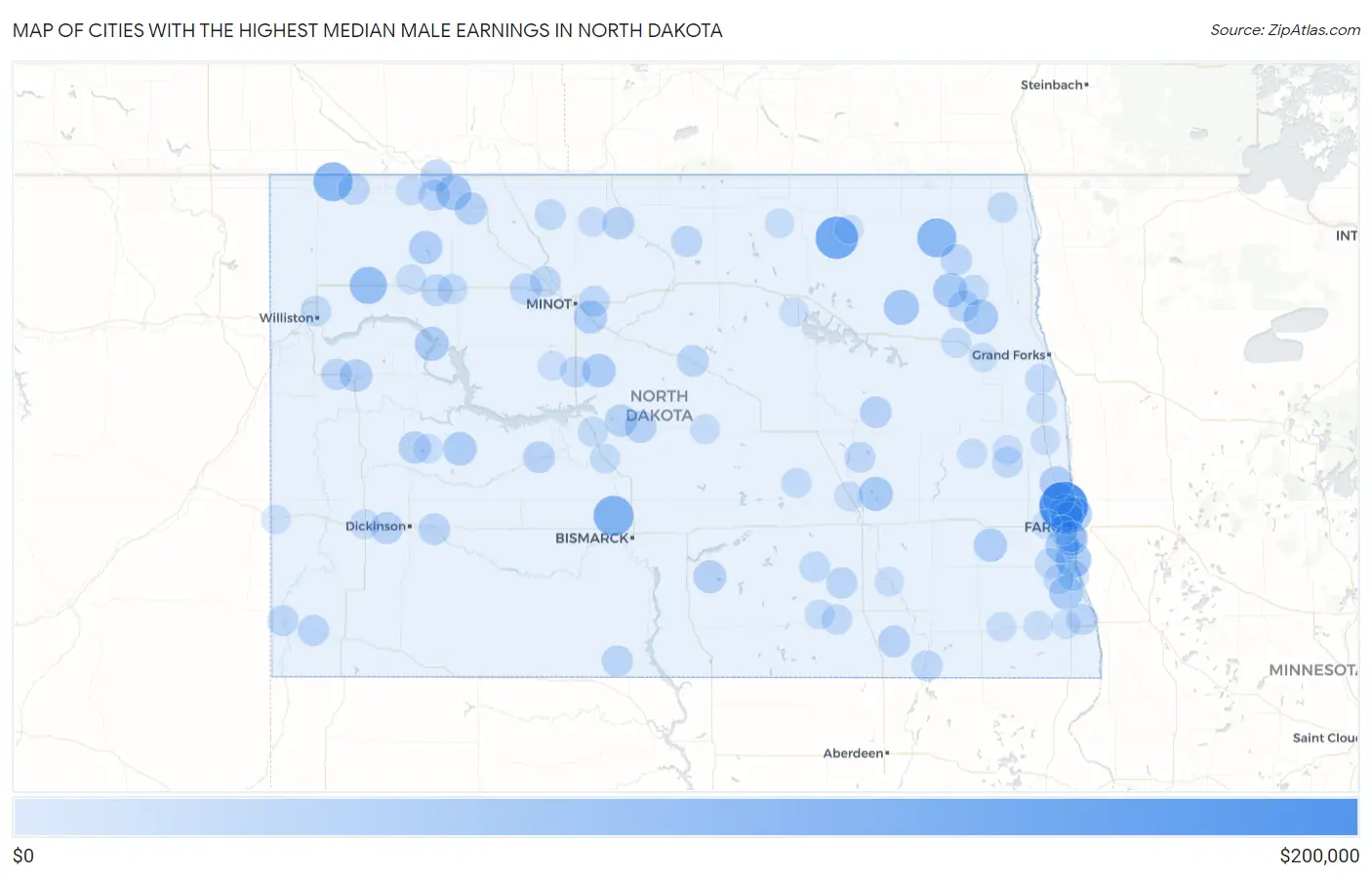 Cities with the Highest Median Male Earnings in North Dakota Map