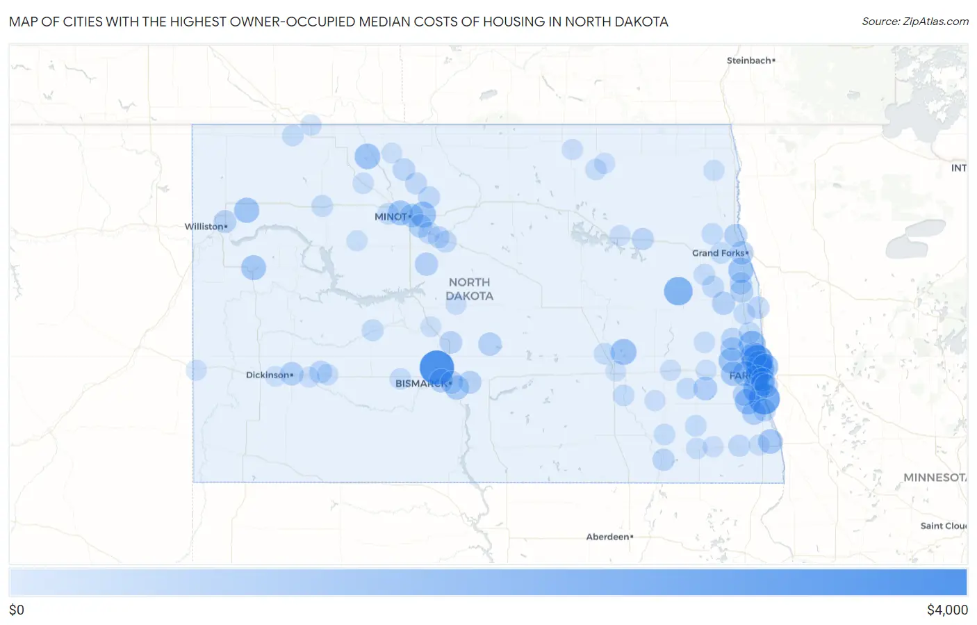 Cities with the Highest Owner-Occupied Median Costs of Housing in North Dakota Map