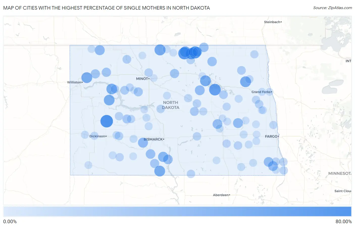 Cities with the Highest Percentage of Single Mothers in North Dakota Map