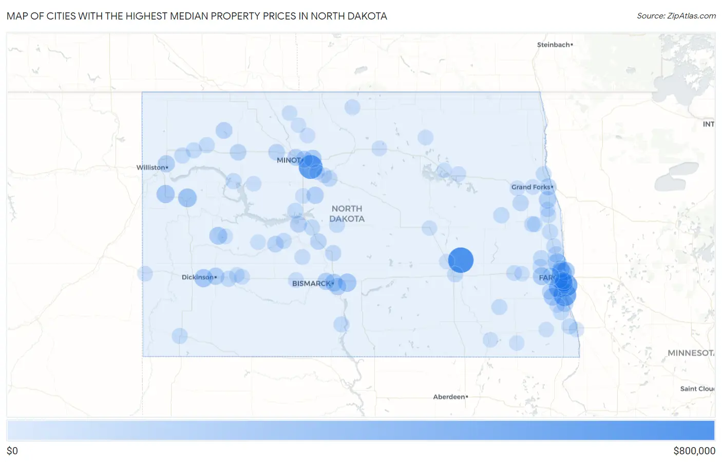 Cities with the Highest Median Property Prices in North Dakota Map