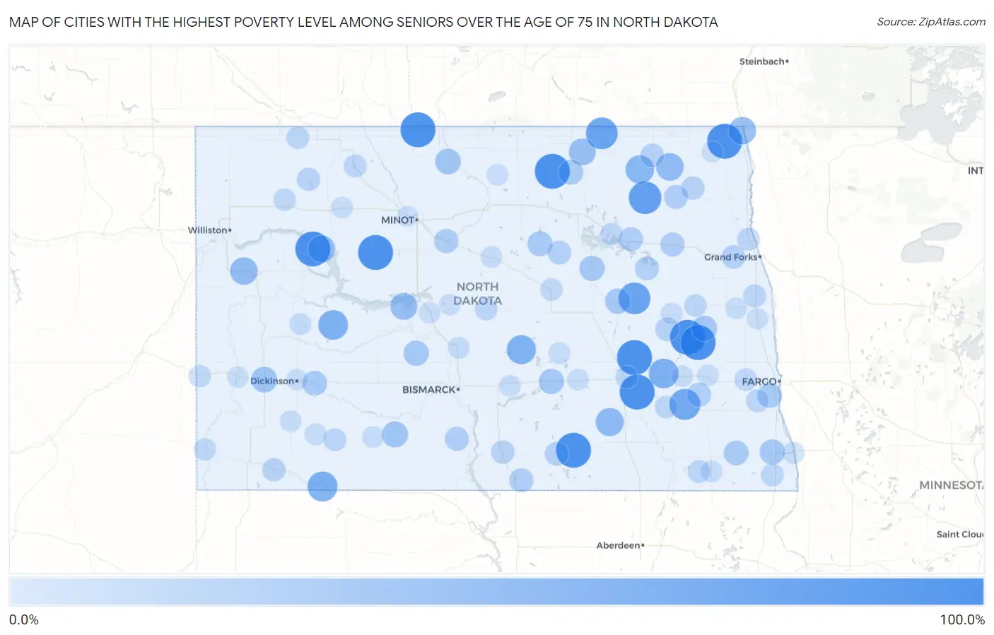 Cities with the Highest Poverty Level Among Seniors Over the Age of 75 in North Dakota Map