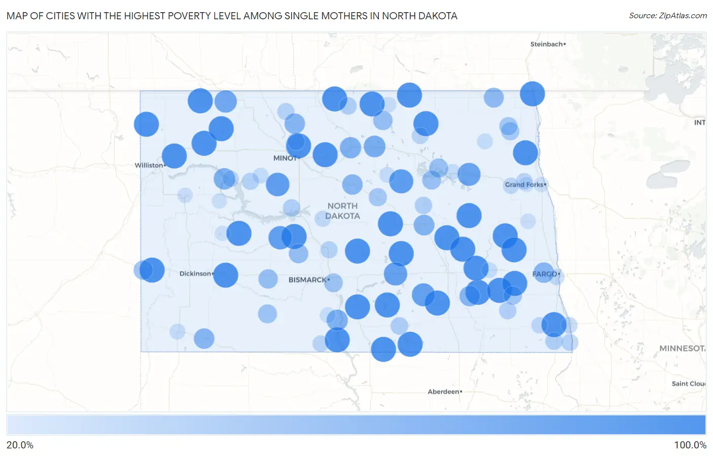 Cities with the Highest Poverty Level Among Single Mothers in North Dakota Map