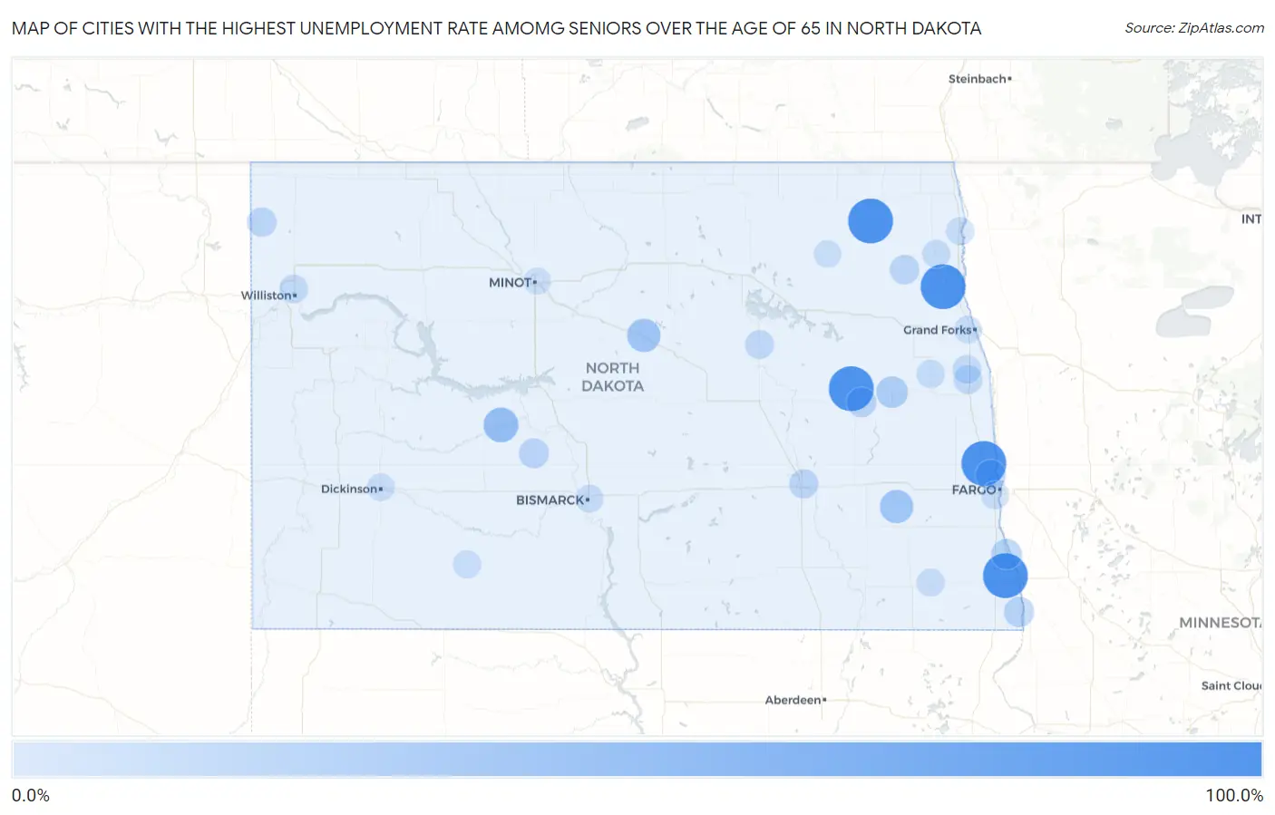 Cities with the Highest Unemployment Rate Amomg Seniors Over the Age of 65 in North Dakota Map