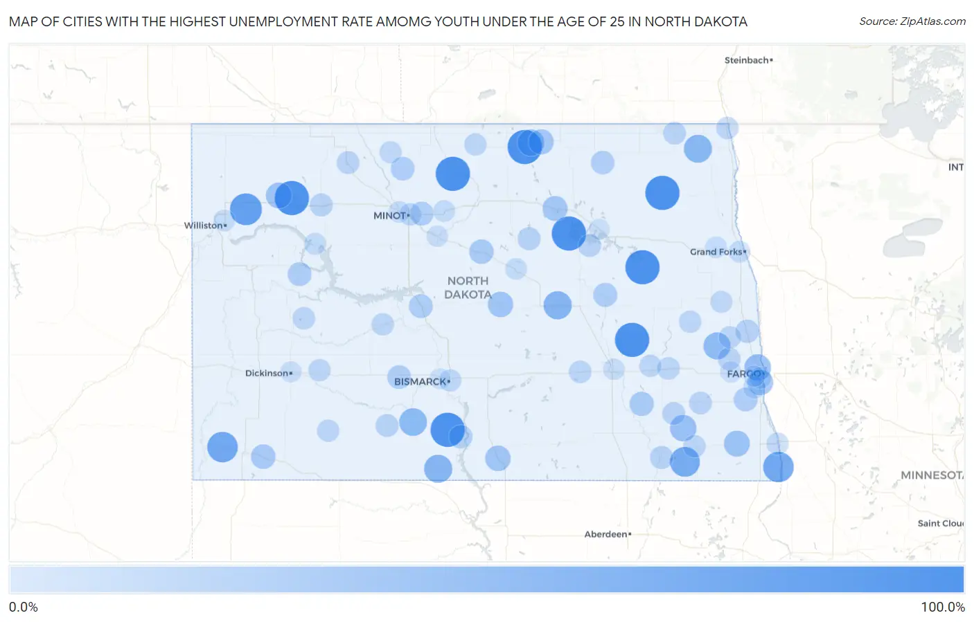 Cities with the Highest Unemployment Rate Amomg Youth Under the Age of 25 in North Dakota Map