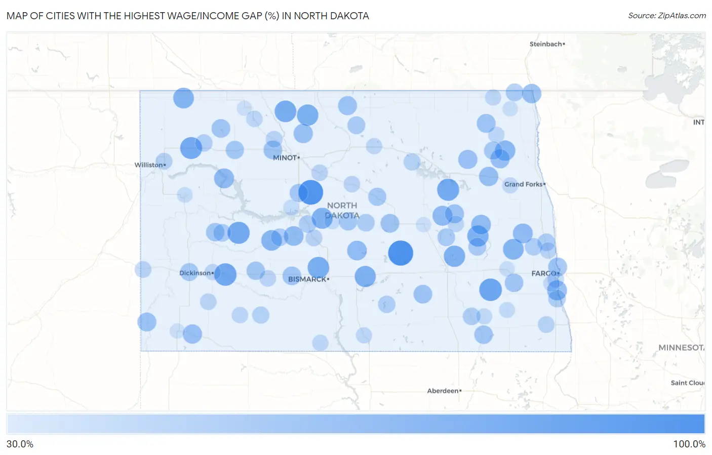Cities with the Highest Wage/Income Gap (%) in North Dakota Map