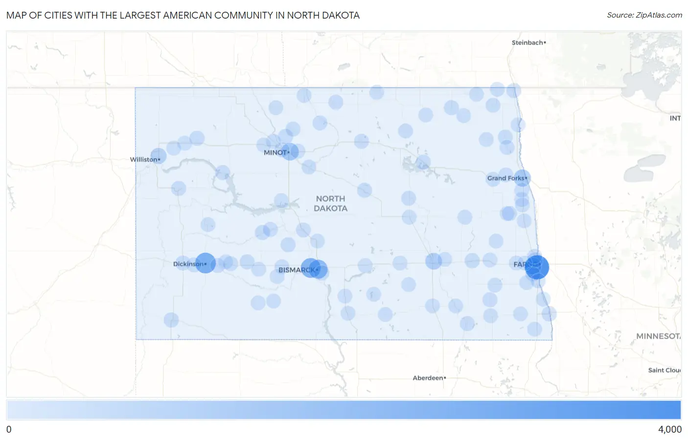 Cities with the Largest American Community in North Dakota Map