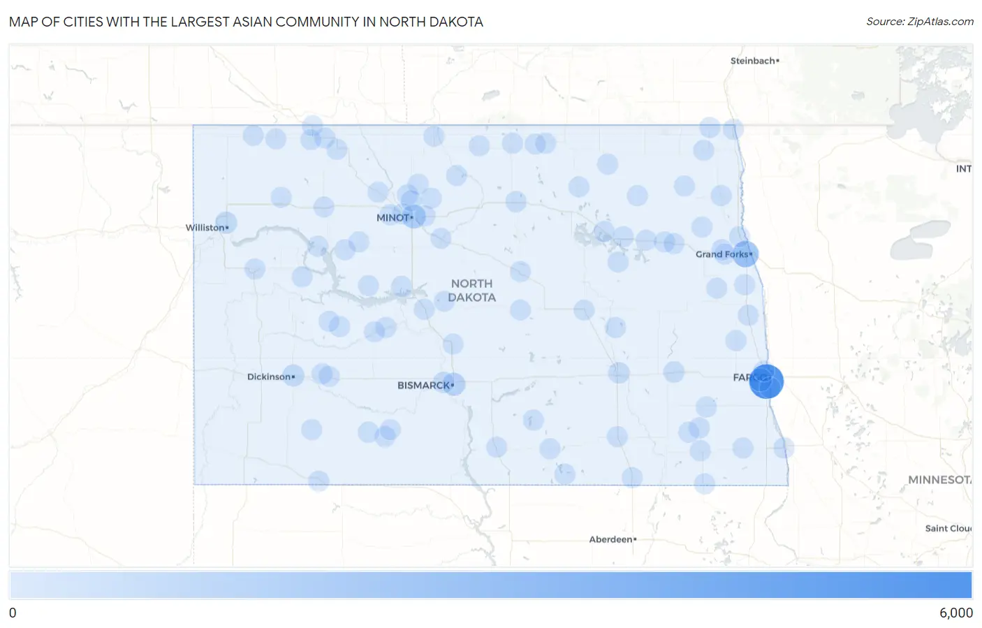 Cities with the Largest Asian Community in North Dakota Map