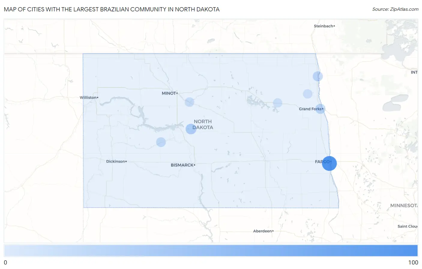 Cities with the Largest Brazilian Community in North Dakota Map