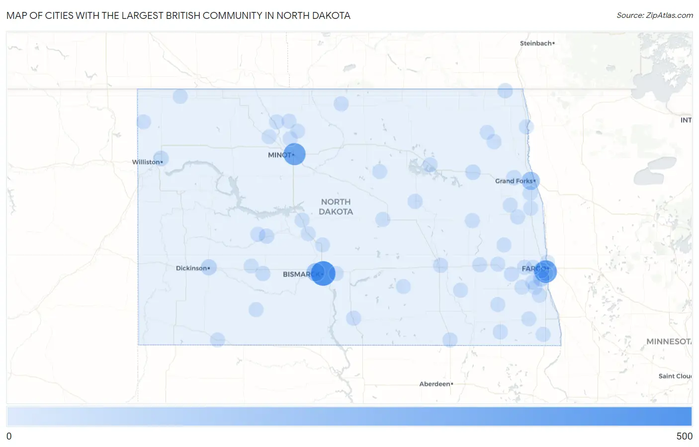 Cities with the Largest British Community in North Dakota Map